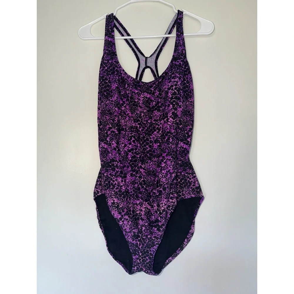 Speedo Women's One Piece Swimsuit Size 18 Purple Black Animal Print Racerback At